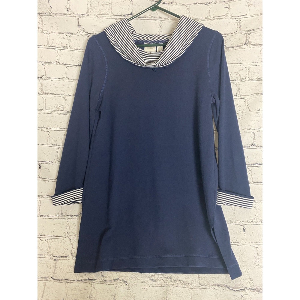 Weekends By Chico's 0 Blue Pullover Top Blue White Stripe Cowl Neck 3/4 Sleeve